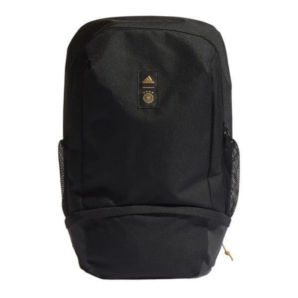 Black Adidas backpack with gold logo.