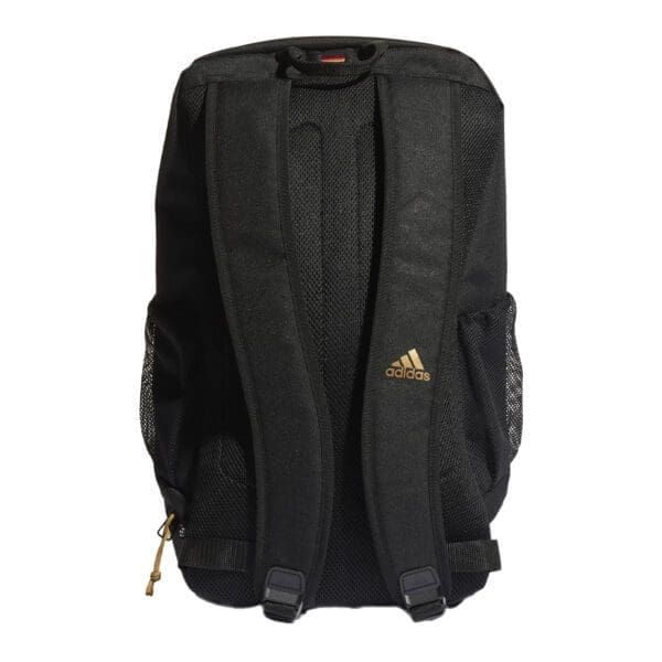 Black adidas backpack with gold logo.