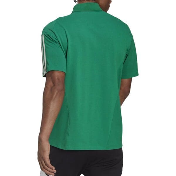 Green Adidas polo shirt with white stripes.