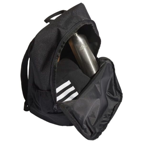 Black Adidas backpack with water bottle.