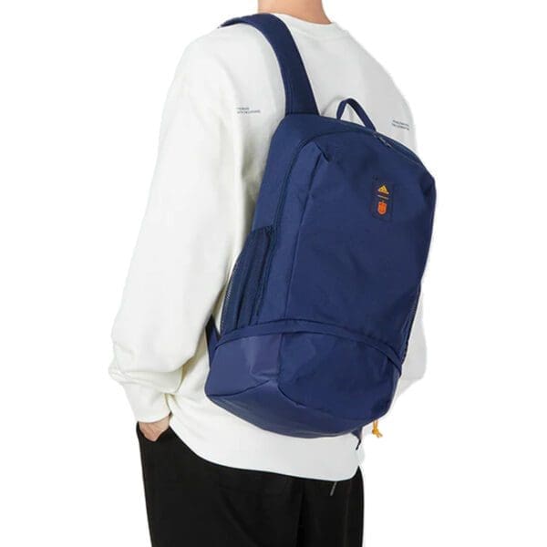 Person wearing a blue Adidas backpack.