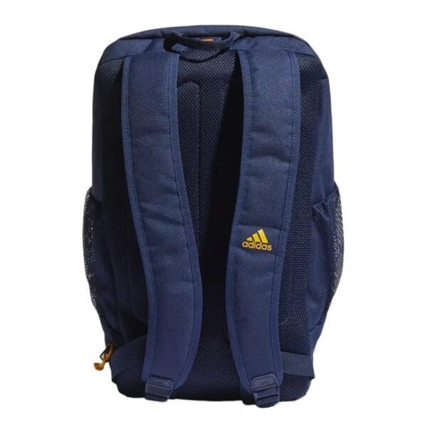 Blue Adidas backpack with yellow logo.