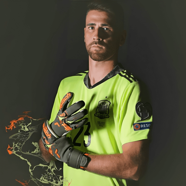 Soccer goalkeeper in green jersey with gloves