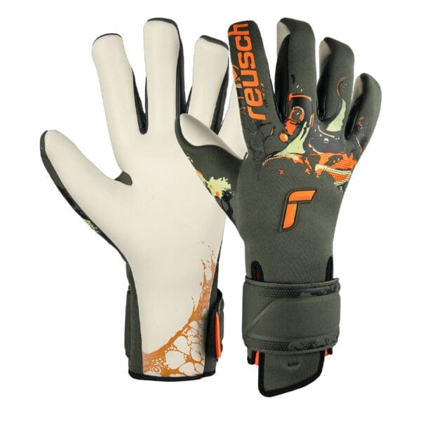 Reusch goalkeeper gloves with orange accents.