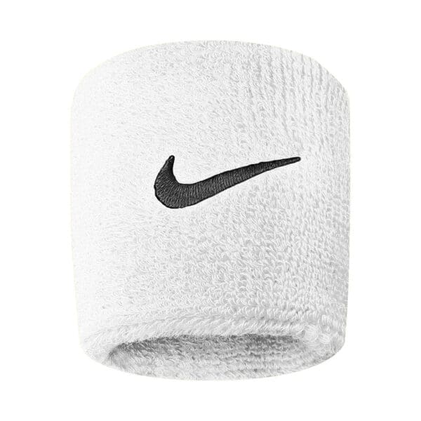 White Nike wristband with black swoosh.