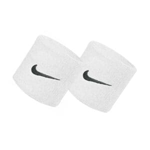 White Nike wristbands with black swoosh logo.