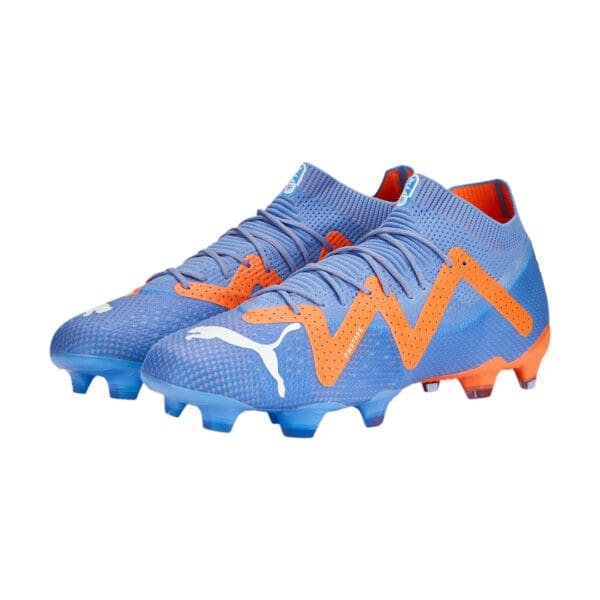 Blue and orange Puma soccer cleats.