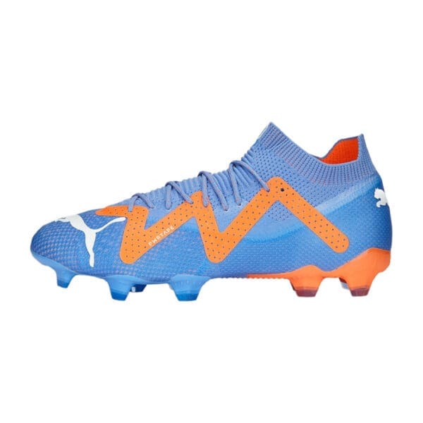 Blue and orange Puma soccer cleats.