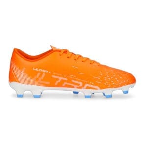 Orange and white soccer cleats with blue studs.