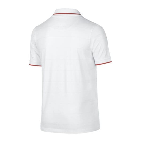 White striped polo shirt with red trim.