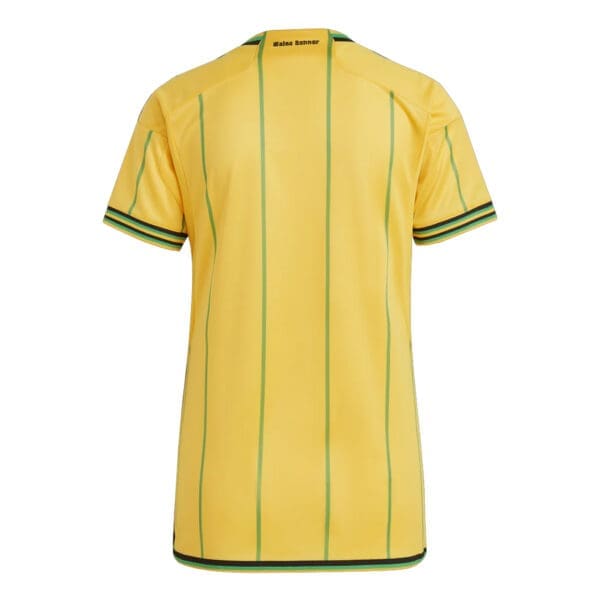 Yellow soccer jersey with green stripes.