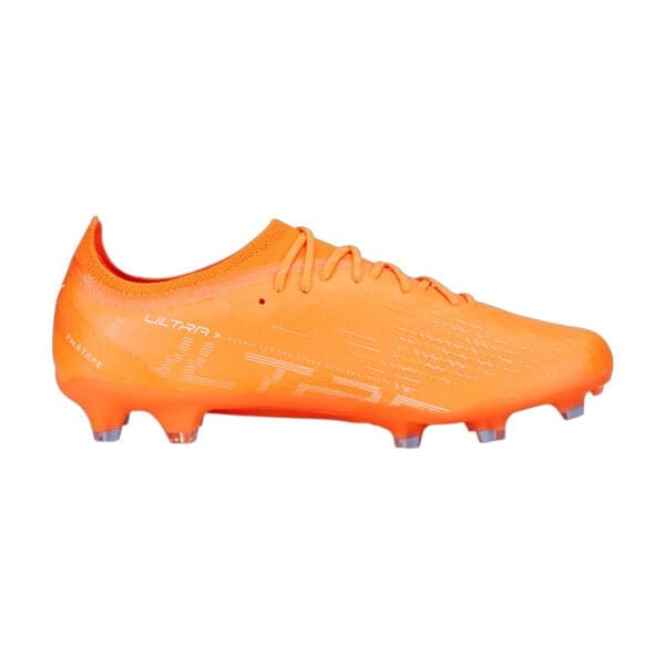 Orange soccer cleats with white accents.