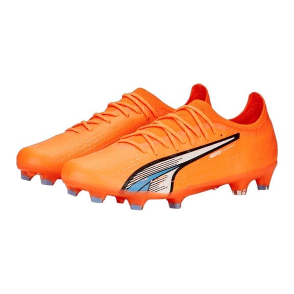 Orange and blue Puma soccer cleats.