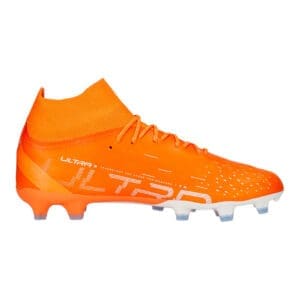 Orange and white soccer cleat with "Ultra" logo.