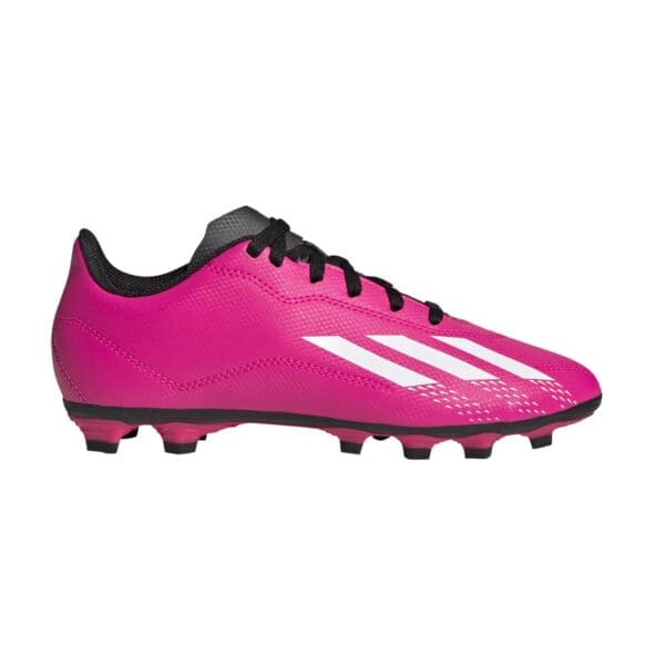 Pink Adidas soccer cleats with white stripes.