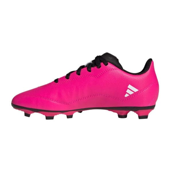 Pink Adidas soccer cleats with white logo.