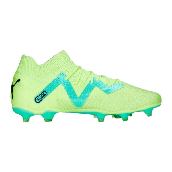 Lime green soccer cleats with blue accents.