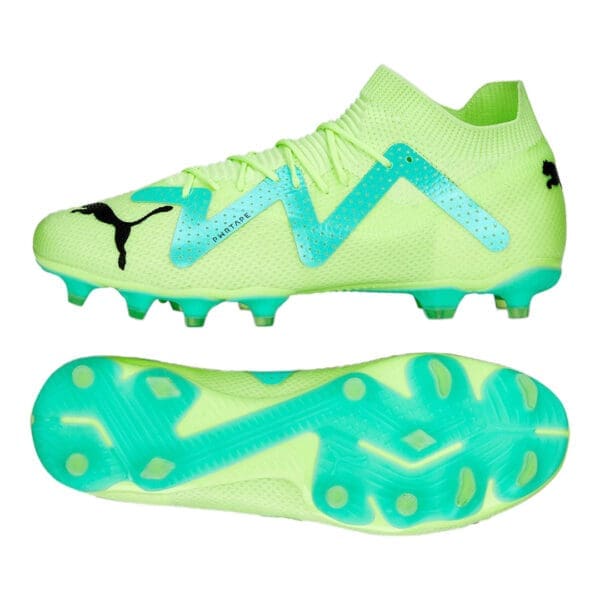 Lime green and teal Puma soccer cleats.