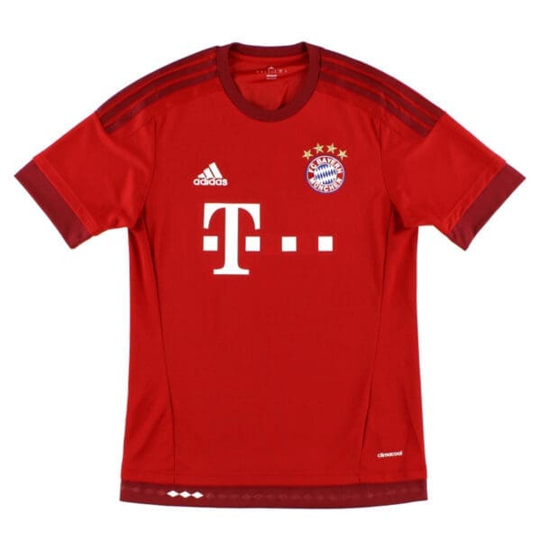 Red Adidas Bayern Munich soccer jersey.