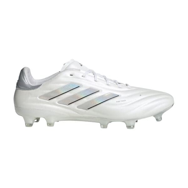 White Adidas soccer cleats with silver stripes.