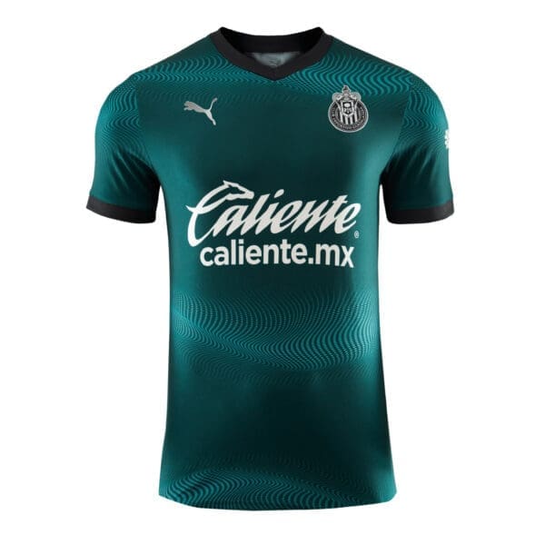 Green soccer jersey with team logo and sponsor.