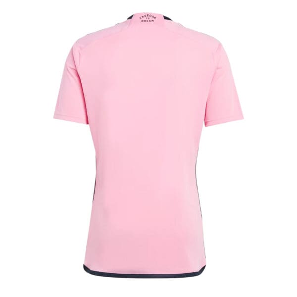 Pink women's soccer jersey, back view.