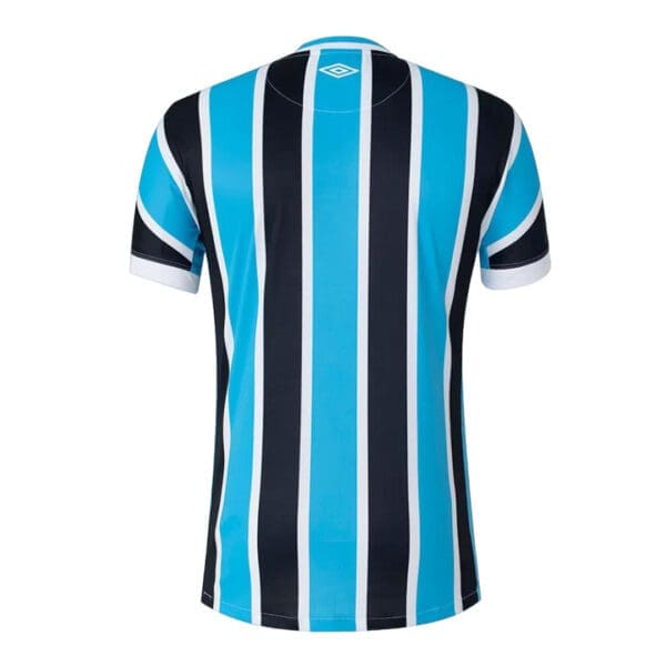 Blue and black striped soccer jersey