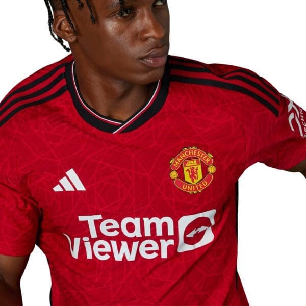 Manchester United soccer jersey with sponsor logo.