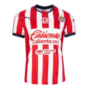 Red and white soccer jersey with sponsors