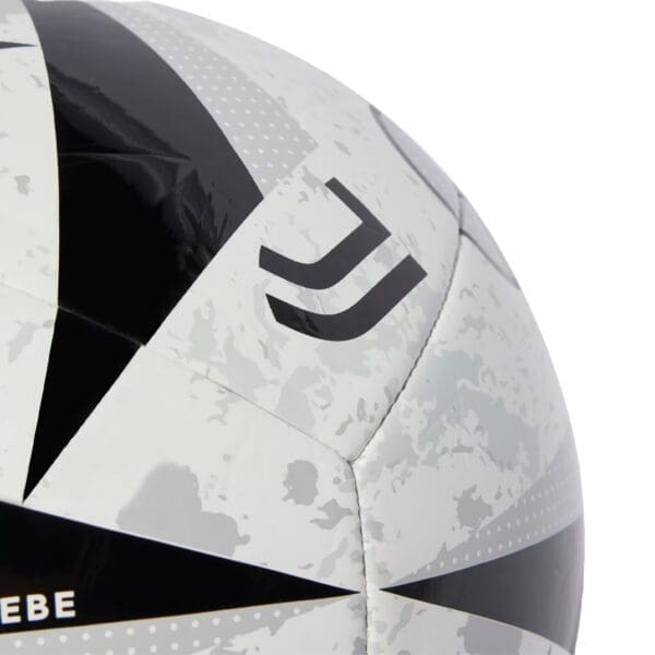 White and black soccer ball with a logo.