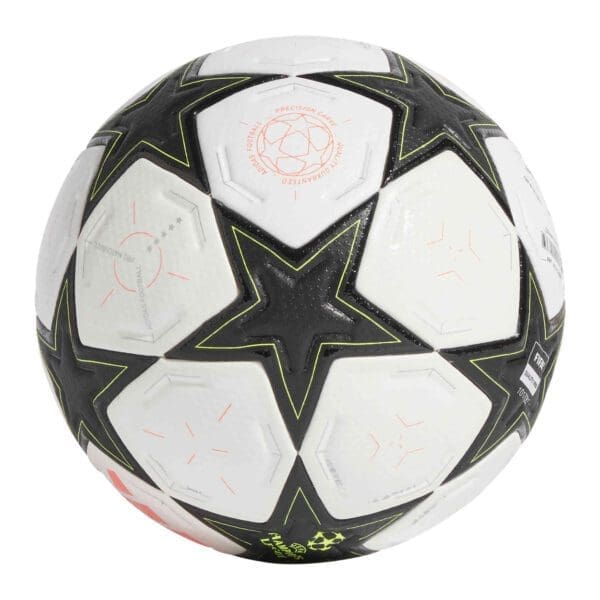 White and black soccer ball with stars.