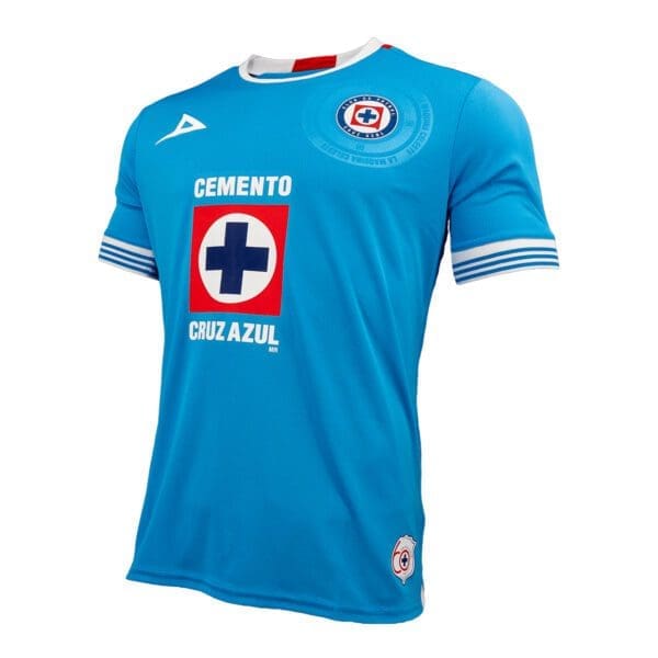 Blue Cruz Azul soccer jersey with logo.