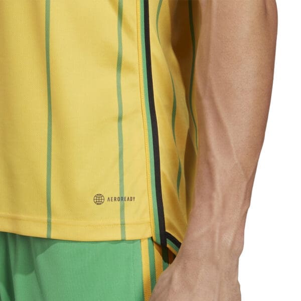 Yellow and green striped athletic shirt.