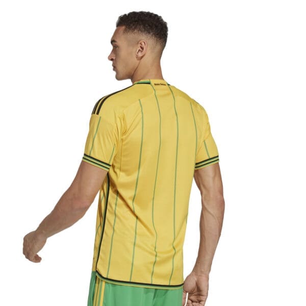 Man wearing yellow and green striped soccer jersey.