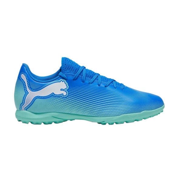 Blue and white Puma soccer cleat.