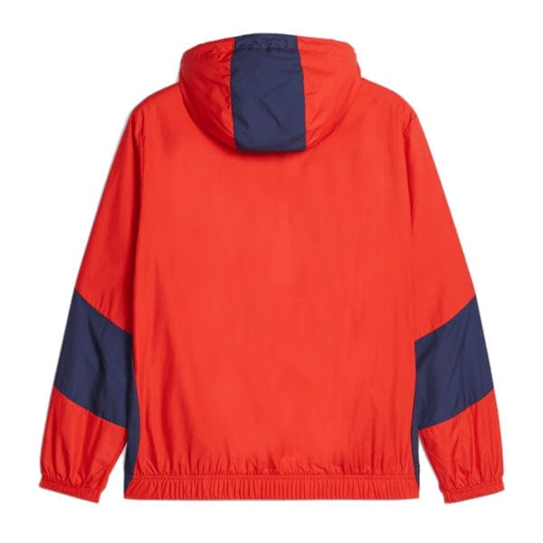 Red and blue hooded windbreaker jacket