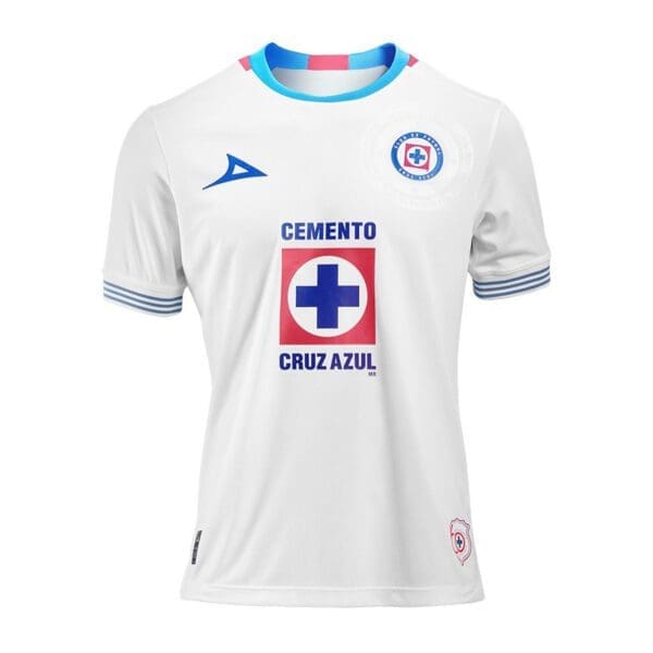 White Cruz Azul soccer jersey with logo.