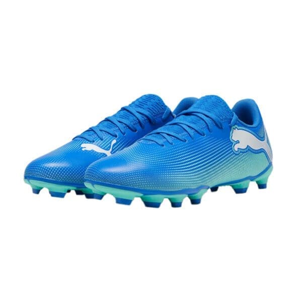 Blue Puma football boots with white logo.