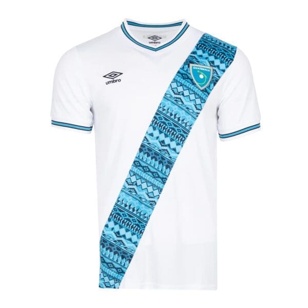 White Guatemala soccer jersey with blue pattern