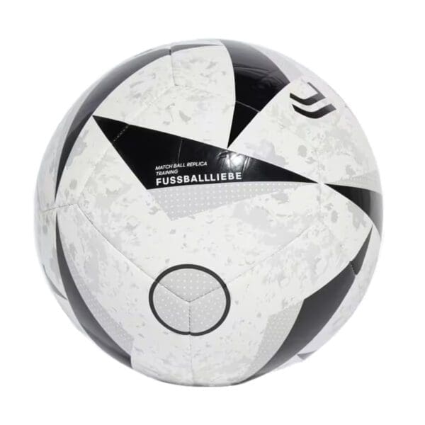 White and black soccer ball with text.