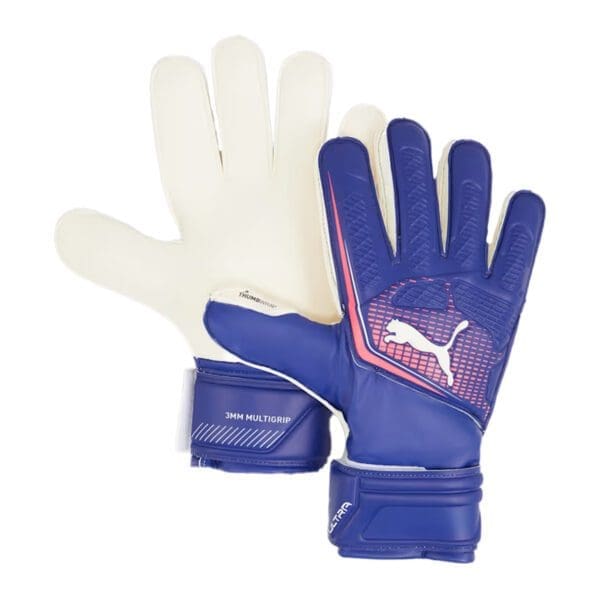 Blue and white Puma goalkeeper gloves.