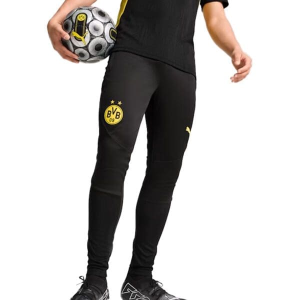 Black BVB 09 soccer pants with ball.