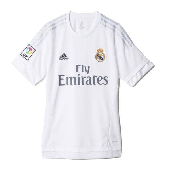 White Real Madrid soccer jersey with Fly Emirates logo.