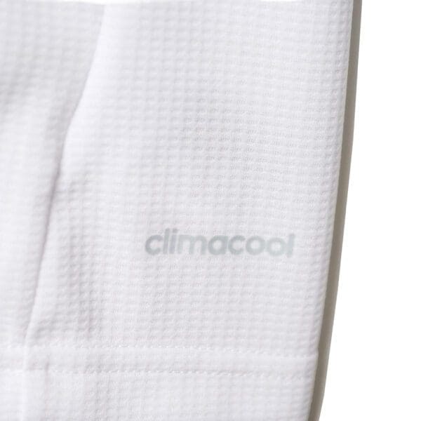 White Adidas Climacool shirt detail.