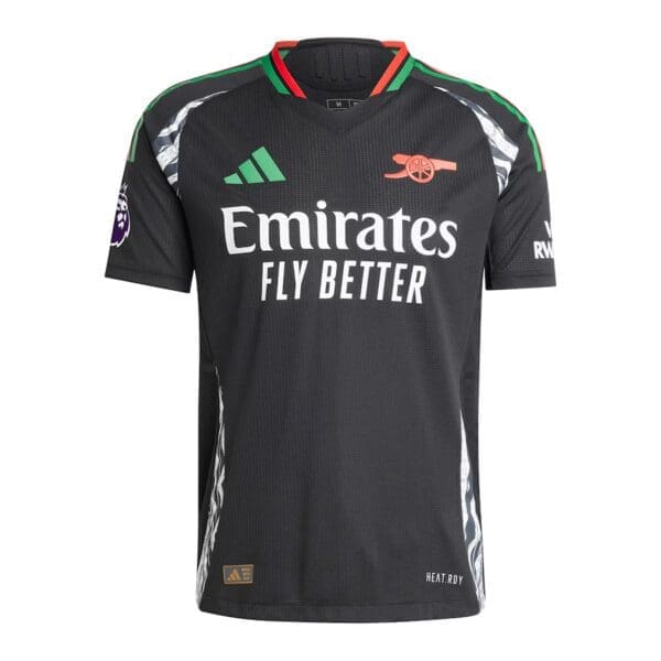 Arsenal black soccer jersey with Emirates logo.