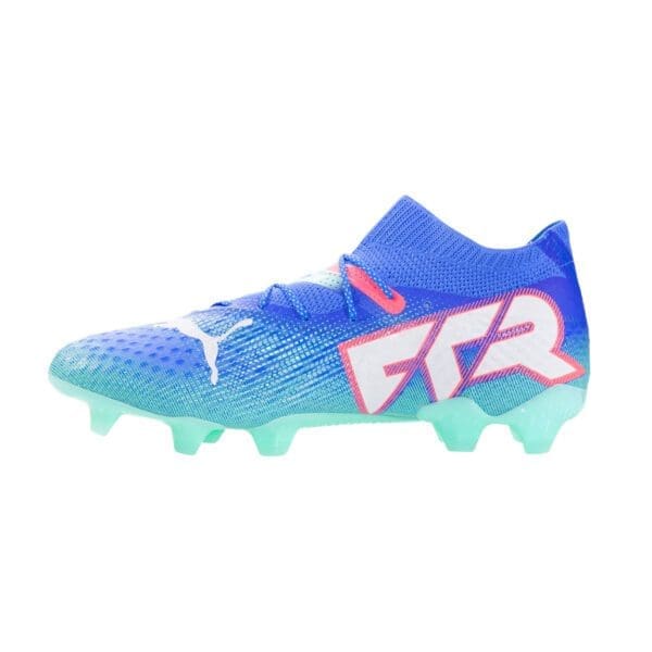 Blue and green soccer cleats with "FTR" logo.