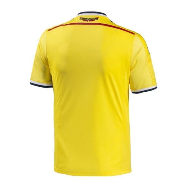 Yellow soccer jersey with red trim.