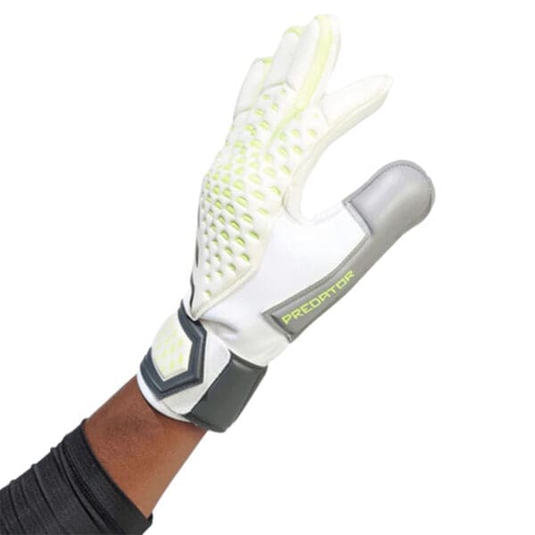 White and grey Predator goalkeeper gloves.