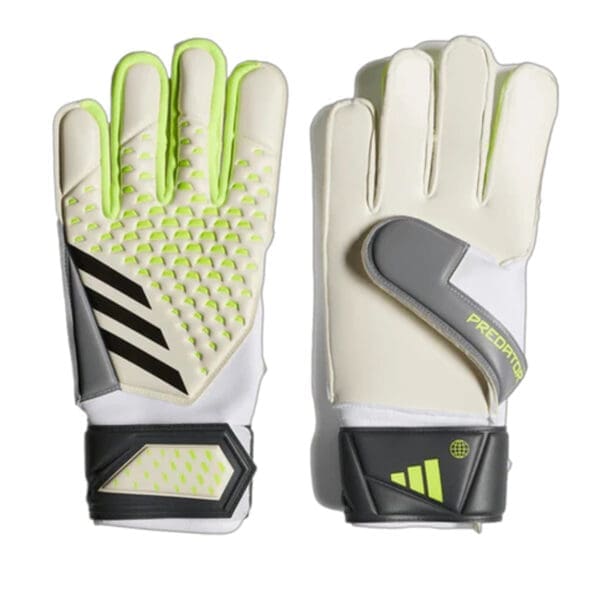 White and black Adidas Predator goalkeeper gloves.