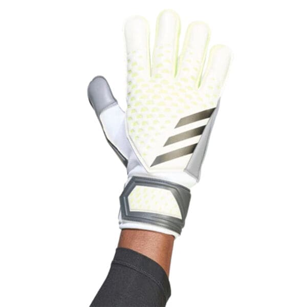 White and grey Adidas goalkeeper gloves.